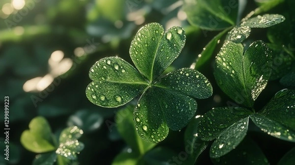 Fototapeta  A close-up, sunlit scene featuring a four-leaf clover with dew drops, growing on a textured surface with a blurred, natural background, highlighting the morning light.