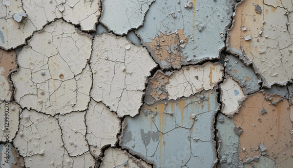 Fototapeta Detailed close-up of cracked and peeling paint on a weathered wall revealing complex colors and textures