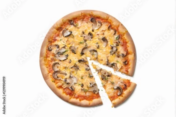 Fototapeta Golden brown crust pizza with melted cheese, sliced mushrooms, and herbs arranged in a circular pattern on a white background.