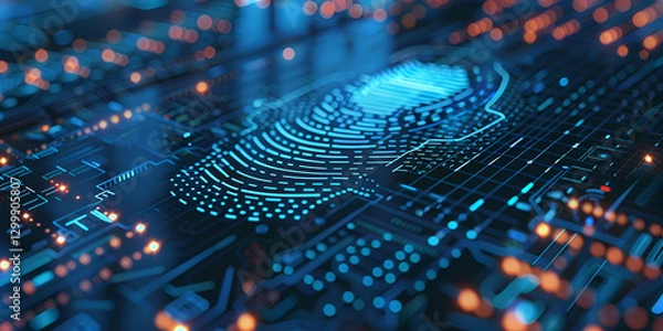 Obraz Digital fingerprint scan on futuristic circuit board | Cybersecurity and biometric authentication technology