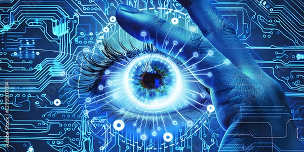 Obraz Futuristic digital eye with circuit board elements | Cybersecurity and artificial intelligence vision concept
