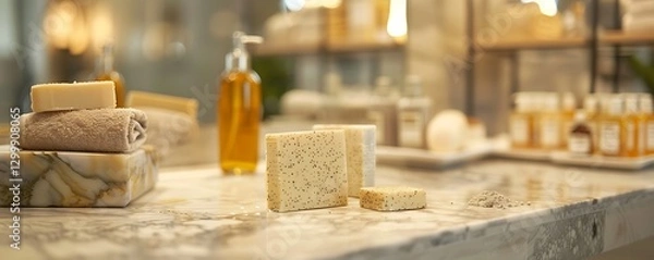 Fototapeta Elegant spa display, soaps, body lotions on bathroom counter, luxury terior blurred background, bright daylight,