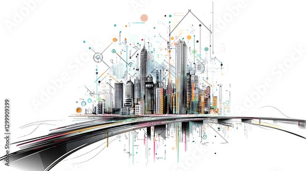 Fototapeta Smart Technology in Infrastructure of the City, black line with soft color and white background.