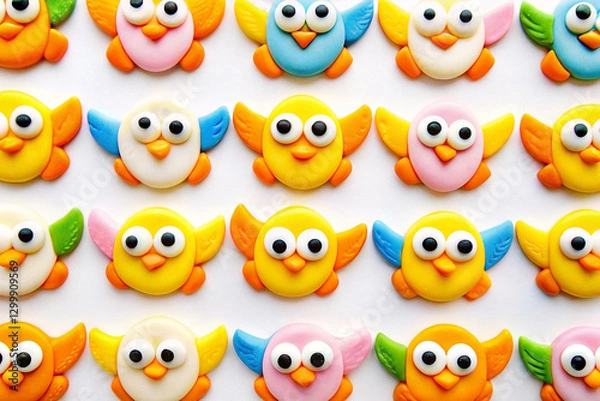 Fototapeta Colorful cute bird-shaped candies arranged in a grid pattern on a white background.