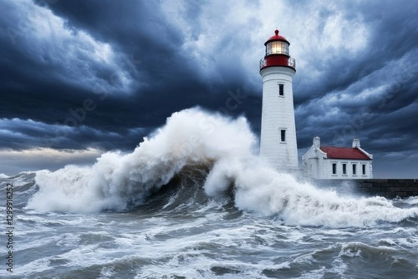 Fototapeta A massive wave crashing against a lighthouse, with storm clouds swirling above
