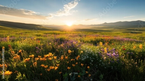 Obraz A wide-angle view of a field covered with patches of colorful wildflowers, the sunlight creating highlights on the flowers, with the distant hills fading into the horizon under the expansive,