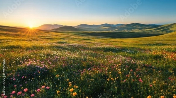 Obraz A wide-angle view of a field covered with patches of colorful wildflowers, the sunlight creating highlights on the flowers, with the distant hills fading into the horizon under the expansive,