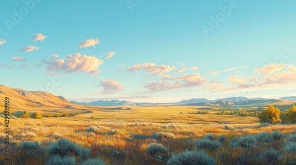 Obraz A wide, flat field with dense, soft grass gently swaying in the breeze, the sunlight creating sharp, realistic shadows, while the wide blue sky above enhances the expanse of the landscape, making it