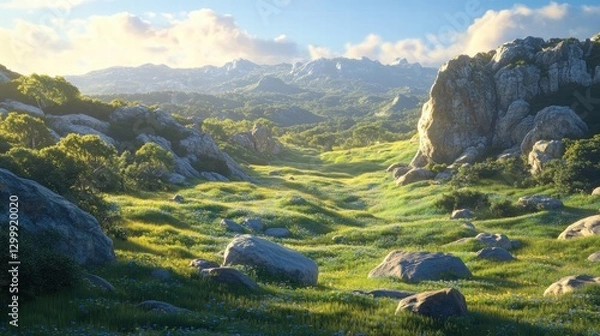 Obraz A large field of lush, green grass dotted with large rocks and boulders, sunlight pouring over the scene, illuminating every detail, and the sky above offering a perfect contrast with its clear,