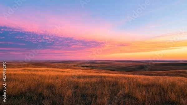 Obraz A massive prairie at sunrise, the soft pink and orange hues of dawn casting a gentle glow over the tall, golden grasses, with the sky above still rich with color, providing a peaceful and vibrant