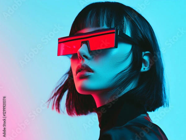 Fototapeta futuristic fashion concept featuring woman in red tinted glasses, set against duotone background. image captures sci fi aesthetic with bold colors and modern style