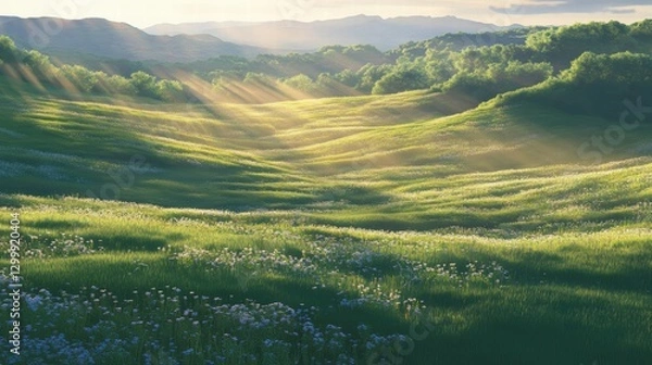 Obraz A peaceful meadow filled with soft green grasses, the sun slowly sinking toward the horizon, casting a golden glow that creates detailed, long shadows on the grass, while the sky above transitions