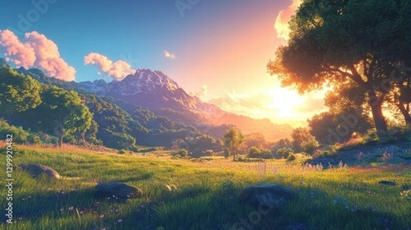 Obraz A peaceful meadow filled with soft green grasses, the sun slowly sinking toward the horizon, casting a golden glow that creates detailed, long shadows on the grass, while the sky above transitions