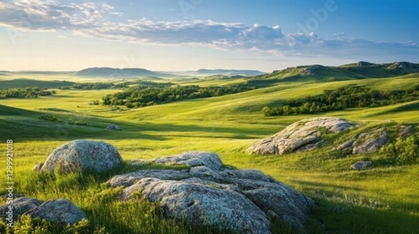Obraz A wide field of soft green grass dotted with large rocks, the sunlight casting realistic shadows on the terrain, and the clear blue sky providing an unbroken view of the horizon that makes the scene