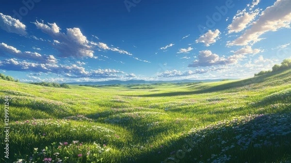 Obraz A wide, expansive field of soft grasses with patches of clover and wildflowers, the sun filtering through the leaves and casting realistic, long shadows on the ground, while the clear blue sky above