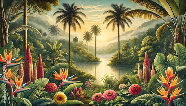 Fototapeta 南国の静寂 – 夕暮れに包まれた幻想的なジャングル
