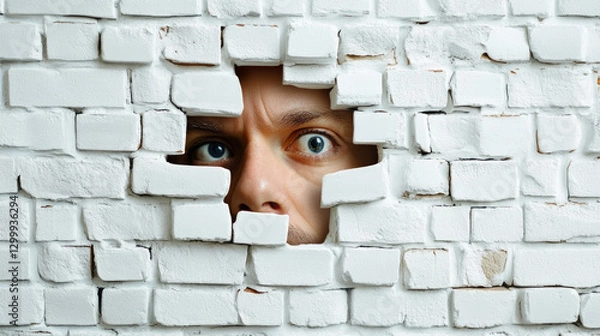 Obraz This conceptual image portrays a man's face emerging through a white wall creating a striking 3D illusion. AI generative