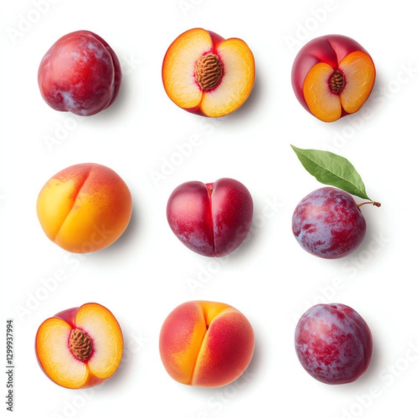 Fototapeta A vibrant arrangement of fresh nectarines and plums showcasing their rich colors and textures. Ideal for food-related content, highlighting natural produce and healthy eating.