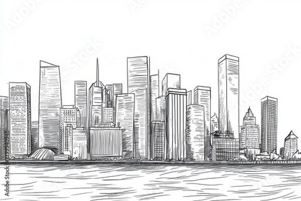 Fototapeta A detailed sketch of a modern skyline featuring tall skyscrapers and a calm water reflection, surrounded by birds soaring in the sky.