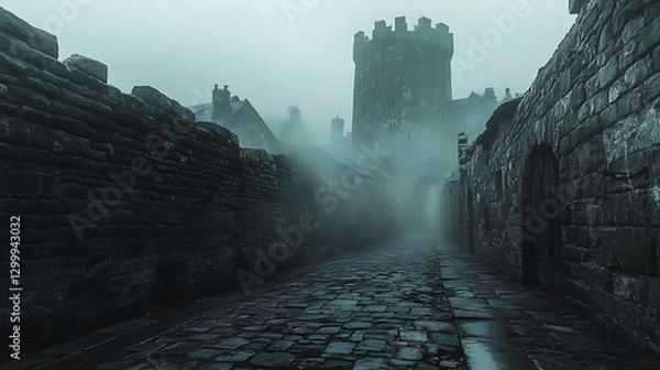Obraz Mysterious fog over ancient castle alleyway medieval location landscape
