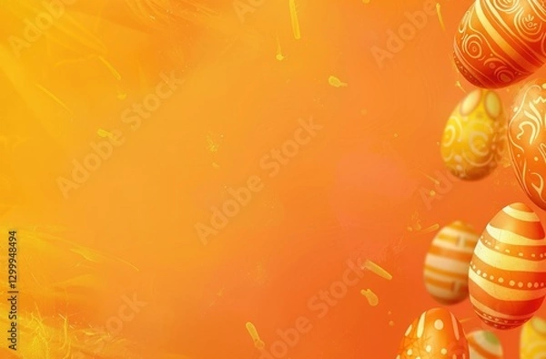 Fototapeta Bright and cheerful Easter eggs on a vibrant orange background with space for text.