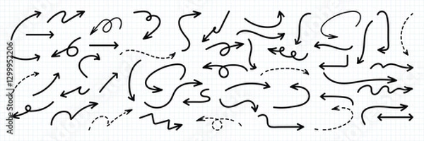 Fototapeta Hand Drawn Arrow set Set of simple lines hand drawn black arrows in various style