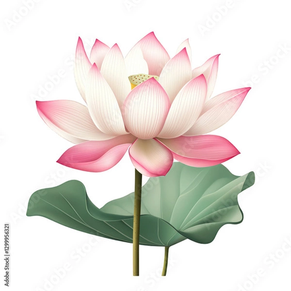 Fototapeta A high-quality vector art of a lotus flower, delicate pink petals with soft white highlights, deep green leaves, transparent background, PNG