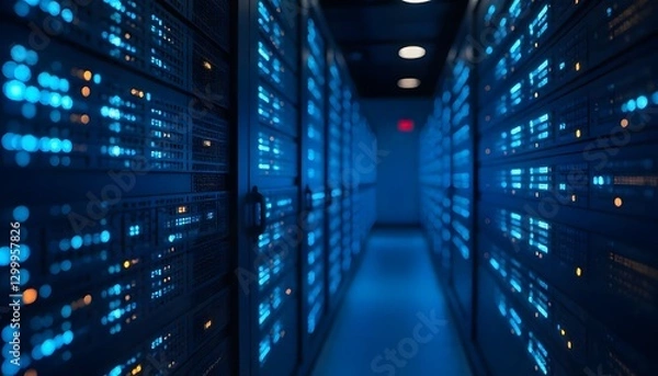 Obraz Server room with blue glowing digital lights.
