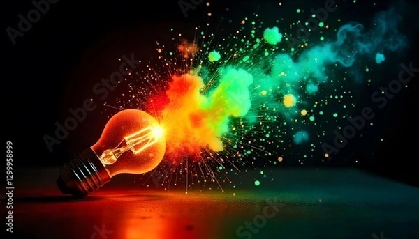 Obraz Light bulb explosion with vibrant paint splashes.