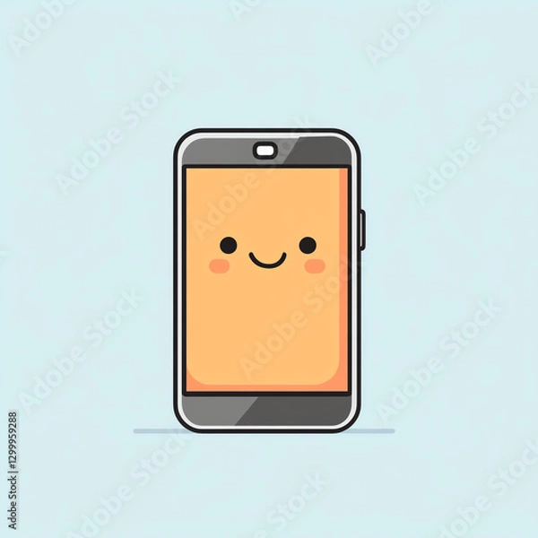 Fototapeta This cute smartphone illustration features a smiling face on a light blue background, perfect for representing modern communication and technology in a playful manner.