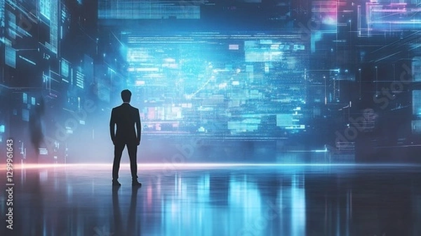 Obraz Businessman Contemplating Complex Data Visualization in a Futuristic Room