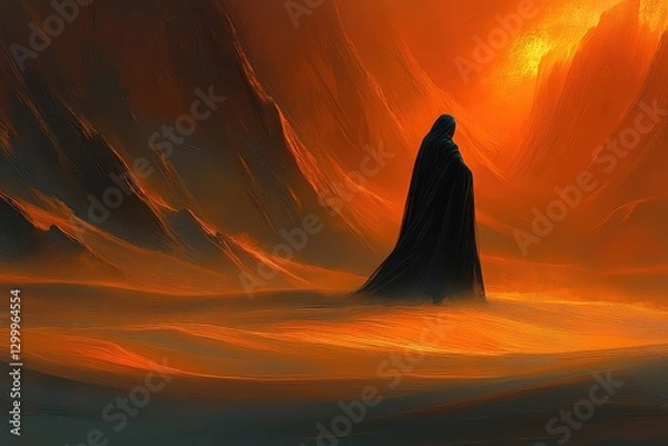 Fototapeta A mysterious figure in a dark cloak stands against a fiery sunset in a desolate landscape