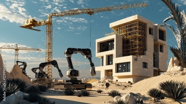 Obraz Construction robots assembling modern architecture in desert environment futuristic technology scene