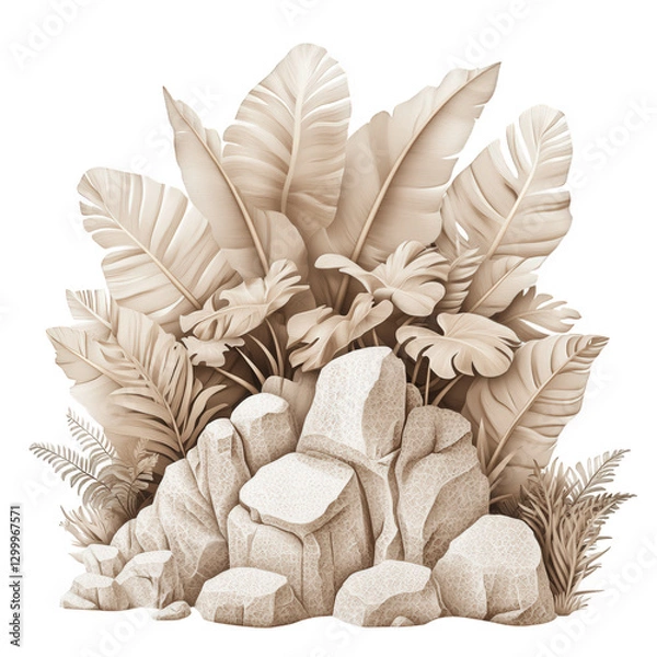 Fototapeta A high-quality vector-style digital artwork of a modern botanical design, showcasing layered tropical leaves and organic stone formations in a balanced arrangement, transparent background, PNG