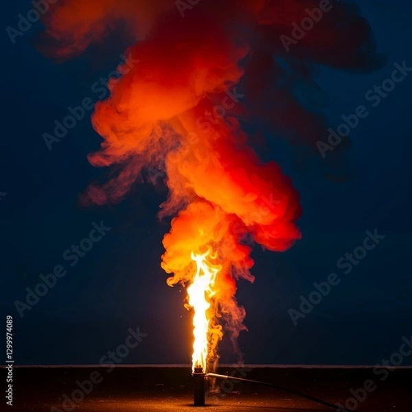 Fototapeta "Dramatic Fire and Smoke Explosion Against Dark Sky – Intense Flames and Billowing Red Smoke for Cinematic and Emergency Themes"


