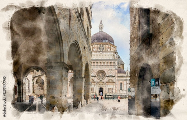 Fototapeta Basilica of Santa Maria Maggiore , the chapel Colleoni and the Duomo in Citta Alta in Bergamo, Italy in watercolor illustration style
