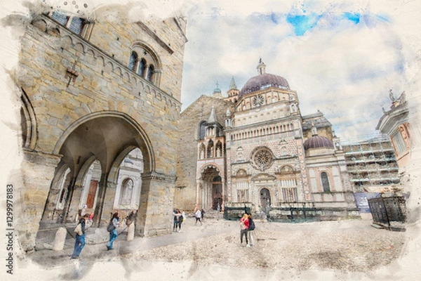 Fototapeta Basilica of Santa Maria Maggiore , the chapel Colleoni and the Duomo in Citta Alta in Bergamo, Italy in watercolor illustration style