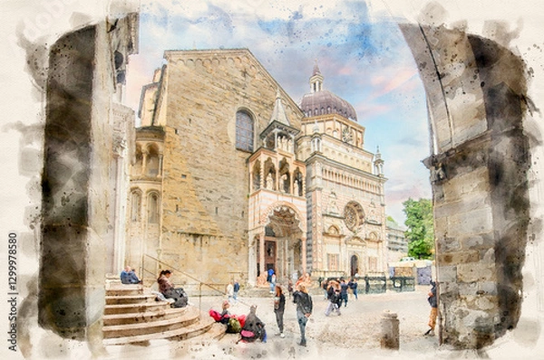 Fototapeta Basilica of Santa Maria Maggiore , the chapel Colleoni and the Duomo in Citta Alta in Bergamo, Italy in watercolor illustration style