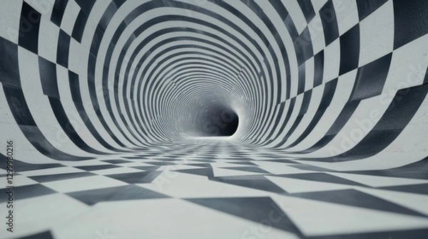 Fototapeta Abstract Tunnel with Optical Illusion Patterns in Black and White