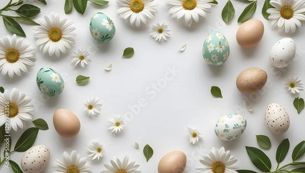 Obraz Easter-themed background with decorative eggs and daisies.