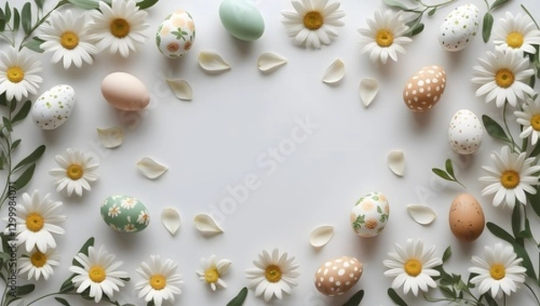 Obraz Easter eggs and daisies scattered on a white surface.