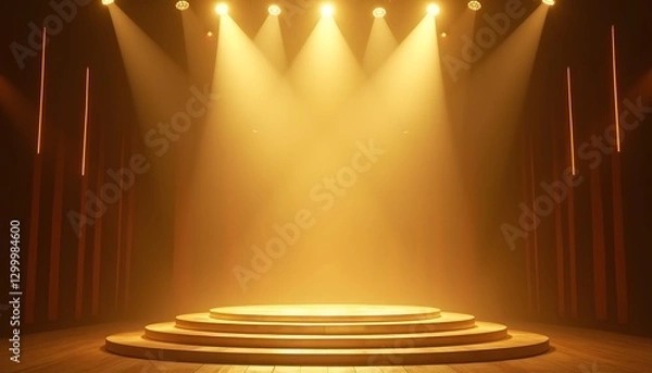 Obraz Dramatic golden spotlight shining on a wooden stage.