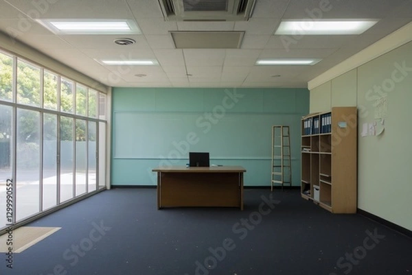 Obraz Empty office room with desk, computer, shelves, and large window.