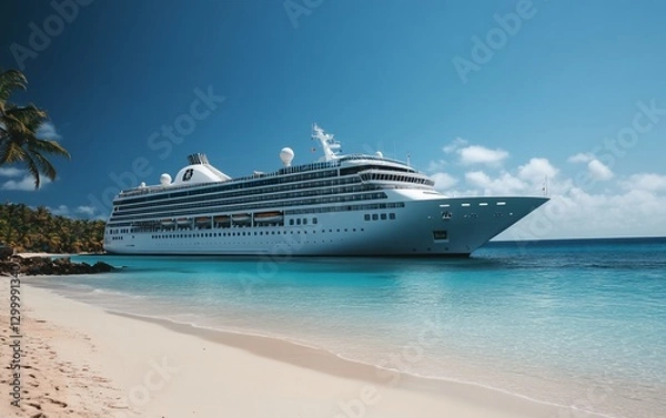 Fototapeta Luxury cruise ship anchored near a tropical beach with palm trees under a vibrant blue sky.