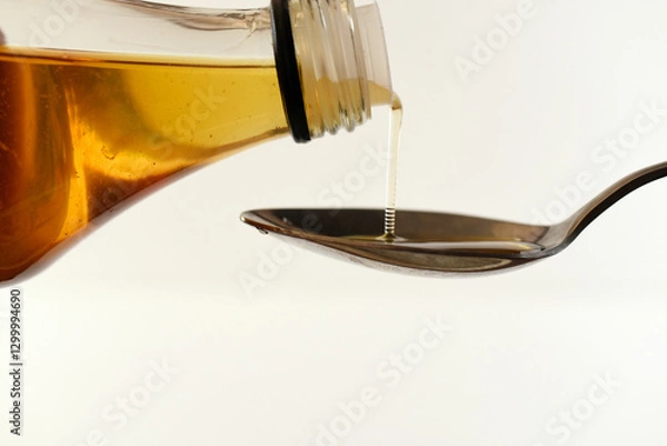 Fototapeta Apple cider vinegar being poured into spoon from bottle. Apple cider vinegar health benefits concept