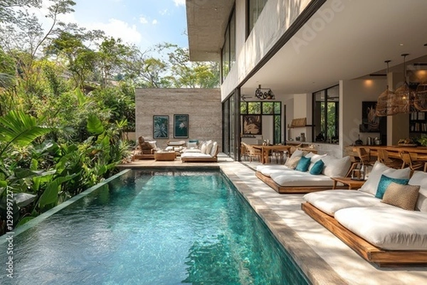 Fototapeta Luxurious Villa Terrace with Pool Surrounded by Lush Greenery in Tropical Paradise