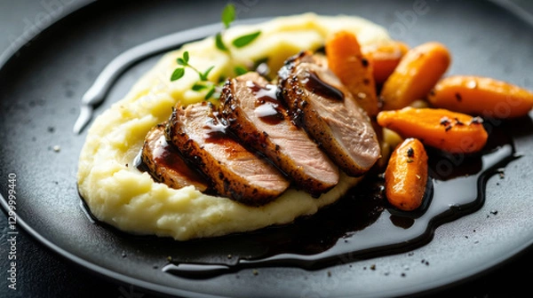 Fototapeta A beautifully plated dish of roasted duck breast with a glossy balsamic glaze, served with a side of velvety mashed potatoes and roasted baby carrots
