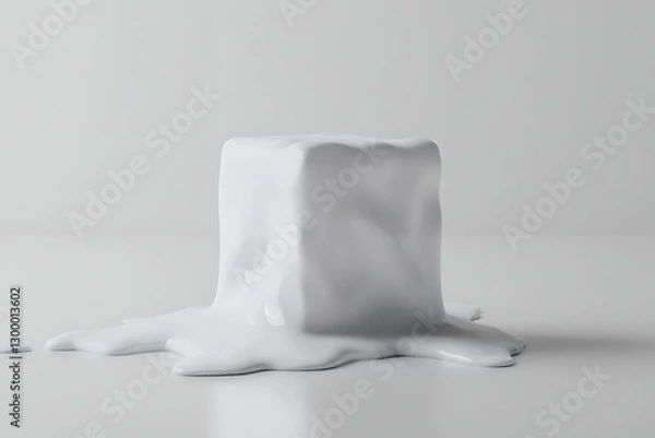 Fototapeta Minimalist white cube melting on a white surface, abstract concept of transformation and fluidity