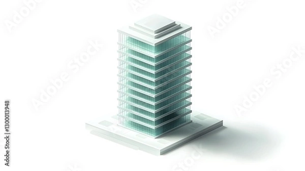 Fototapeta Isometric view of a tall office building with a series of stacked floors, soft shadows reflecting off the sleek glass facade, minimalist design with a white background evoking simplicity