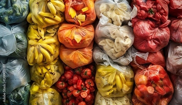 Fototapeta Colorful bags of various fruits and vegetables arranged in rows.